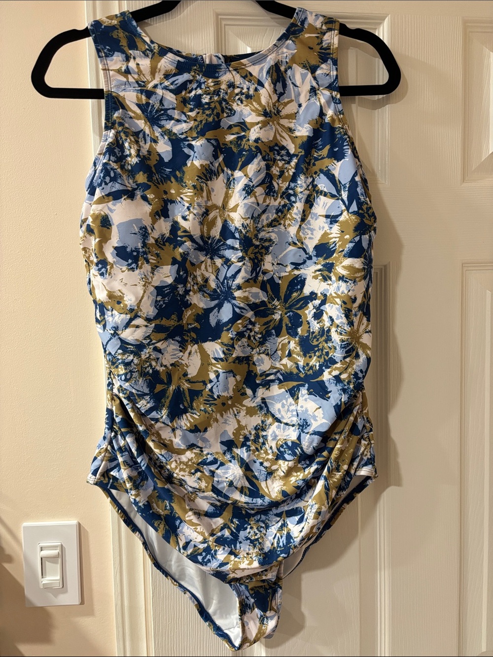 Floral High-Neck One-Piece Swimsuit in Blue, White, Olive